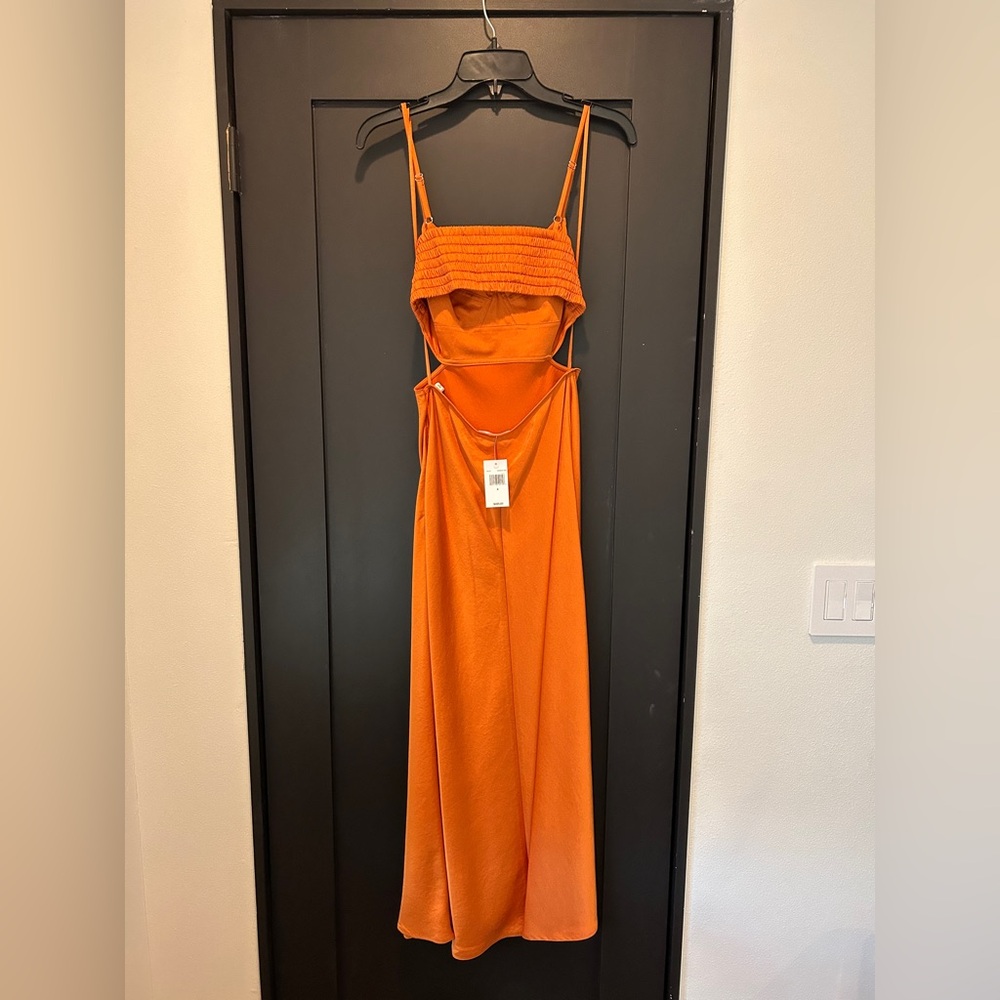 A.L.C. Blakey Cut-Out Satin Midi Dress Smocked Back Rust Orange Size 4 - Picture 10 of 13